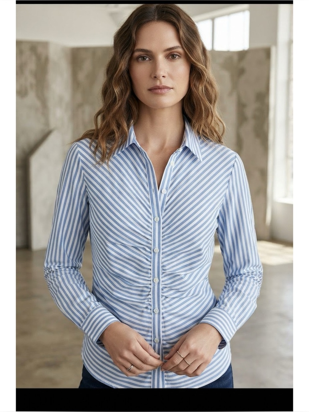 💙 Van Heusen Blue & White Striped Button-Up Blouse with Ruched Detail - Size 2X
